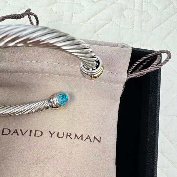 David Yurman Sterling Silver 7mm Blue Topaz and 14K Gold Cable Cuff Bracelet - Picture 3 of 5